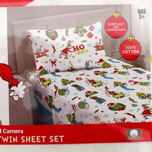 Dr Seuss The Grinch Flannel HO HO HO Twin Sheet Set Christmas 100% Cotton